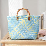 weiyinxing Bamboom Handle Rattan Women Handbags Wicker Woven Basket Bag Handmade Summer Beach Straw Bag Casual Small Tote Purses