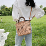 Weiyinxing Women Basket Straw Bags Wood Handle Shoulder Crossbody Bags Casual Designer Rattan Woven Summer Travel Handbag Female Beach Bags