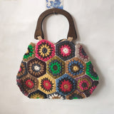 weiyinxing Granny SquareCrochet Women Handbags Vintage Wooden Knitted Hand Bags Handmade Woven Large Tote Big Shopper Purses 2023