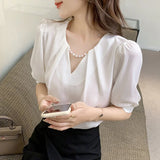 Weiyinxing Top Femme Short Sleeve Blouse Women Blusas Mujer De Moda 2023 Verano Beading V-Neck Chiffon White Blouse Shirt Tops E800