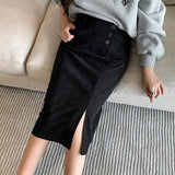 Weiyinxing High Waist Skirt Women Autumn Winter Split Slim Knee Length Skirts Vintage Skinny Straight Single Breasted Skirt N924