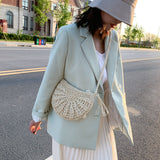 Weiyinxing Half Round Straw Bag for Women Summer Beach Rattan Shoulder Bag Zipper Woven Half Moon Crossbody Handbags Vacation Bag