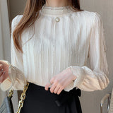 Weiyinxing Women Stand Collar Lace Chiffon Blouse Shirt Tops Long Sleeve Blouse Women Blusas Mujer De Moda 2023 Blouses Female E127