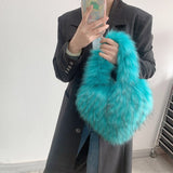 weiyinxing Faux Raccoon Fur Hearts Shape Women Handbag Designer Soft Plush Shoulder Bags Luxury Small Tote Fluffy Femame Purse 2023