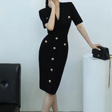 Weiyinxing Neck Knitted Dress Slim Women Sheath Party Elegant Dress Metal Buttons Vintage Short Sleeve Bodycon Office Lady Dresses N957