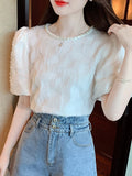 Weiyinxing Sleeve Blouse Women Blusas Mujer De Moda 2023 Verano Beading O-Neck Pink Chiffon Blouse Shirt Women Tops Blouses C449