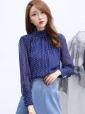 Weiyinxing Sleeve Blouse Women Stand Collar Dot Striped Chiffon Blouse Shirt Tops Women Blusas Mujer De Moda 2023 Shirts Blouses G71