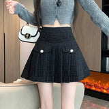 Weiyinxing New Tweed Skirts for Women High Waist Chic Buttons Wool Mini Skirt Sweet Kawai JK Pleated Skirt with Safety Shorts T627