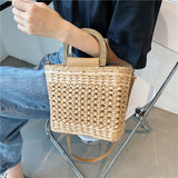 Weiyinxing Women Basket Straw Bags Wood Handle Shoulder Crossbody Bags Casual Designer Rattan Woven Summer Travel Handbag Female Beach Bags