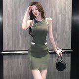 Weiyinxing Mini Dress Women Sleeveless Summer Korean Vest Dress Vintage Slim High Waist 0-neck Party Sexy Bodycon Vestidos N956