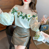 Weiyinxing Sleeve Blouse Women O-Neck Flower Embroidery Chiffon Blous Shirt Women Tops Blusas Mujer De Moda 2023 Women Blouses D937