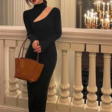 Weiyinxing Turtleneck Knitted Dress Black Slim Women Minimalist Elegant Long Sleeve Midi Dress Party Office Bodycon Vestidos O146