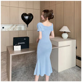 Weiyinxing Slash Neck Solid Sweater Dress Sexy Summer Women Slim Elastic Mermaid Long Dress Streetwear Knitted Bodycon Dress P506