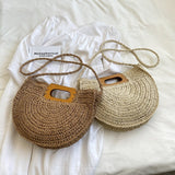 Weiyinxing Summer Wood Handle Women Handbag Saddle Crossbody Shoulder Bag Large Capacity Rattan Straw Bags Lady Woven Summer Beach Bag