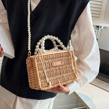 Weiyinxing Women Pearl Chain Beach Bag Luxury Designer Woven Straw Totes Small Square Crossbody Bags Fashion Handmade Rattan Purses