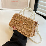 Weiyinxing Straw Bag For Women Small Woven Handmade Pearl Handbag Lady Tote Vacation Beach Bag Rattan Leisure Shoulder Bag Purse
