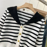 Weiyinxing Sailor Collar College Knit Cardigan Women's Autumn New Preppy Style Vintage Stripe Long Sleeved Short Sweater Coat T326