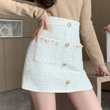 Weiyinxing Tweed Skirts Women Elegant Mini Skirt Harajuku Slim Office Lady Pockets Golden Buttons Pencil Skirt Autumn Winter O360