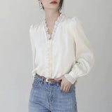 Weiyinxing Sleeve Blouse Women Blusas Mujer De Moda 2023 Ruffles V-Neck Apricot White Chiffon Blouse Shirt Women Tops Blouses G363