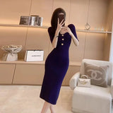 Weiyinxing Women Elegant Dress Designer Solid Color Short Sleeve Knitted Midi Dress 2023 Summer Casual Chic Button Slim Sweater Dress P531