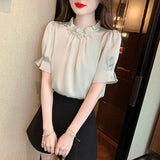 Weiyinxing New Summer Beading Chiffon Blouse Shirt Women Tops Blusas Mujer De Moda 2023 Verano Short Sleeve Blouse Women Blusa G698