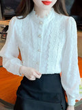 Weiyinxing Long Sleeve White Lace Blouse Shirt Women Tops Blusas Mujer De Moda 2023 Elegantes Stand Collar Blouse Women Blusa H255