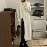 Weiyinxing Elegant Split Autumn Knitted Sweater Dress Women O-Neck Vintage Midi Dress Loose Party Dresses Solid Color Straight M520