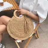 Weiyinxing Straw Bag Rattan Woven Round Tassel Handbag For Women Large Capacity Shoulder Tote Purse Ladies Holiday Wood Handle Bag