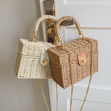 Weiyinxing Women's Fashion Chain Box Crossbody Bag Rattan Straw Woven Shoulder Bag Female Summer Beach Bag Portable Small Handbag Purse bag