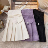 Weiyinxing New Tweed Skirts for Women High Waist Chic Buttons Wool Mini Skirt Sweet Kawai JK Pleated Skirt with Safety Shorts T627
