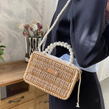 Weiyinxing Straw Bag For Women Small Woven Handmade Pearl Handbag Lady Tote Vacation Beach Bag Rattan Leisure Shoulder Bag Purse