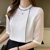 Weiyinxing Women White Blouse Short Sleeve Blouse Women O-Neck Chiffon Blouse Shirt Tops Women Blusas Mujer De Moda 2023 Blouses F97