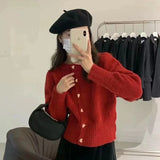 Weiyinxing Knitted Cardigans Thick Heart Buttons Autumn Sweaters Women Loose Casual Round Neck Short Tops Soft Sweet Winter O108