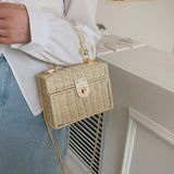 Weiyinxing Women's Fashion Chain Box Crossbody Bag Rattan Straw Woven Shoulder Bag Female Summer Beach Bag Portable Small Handbag Purse bag