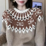 Weiyinxing Winter New Jacquard Cashmere Sweater Woman Round Neck Loose Long Sleeve Kintted Pullovers Crochet Top Jumper Mujer T582