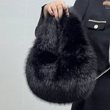 Weiyinxing Soft Plush Half Moon Bags for Women Designer Fluffy Faux Fur Lady Handbags Luxury Small Tote Female Winter Purses 2023