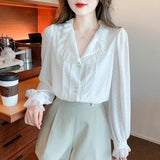 Weiyinxing Sleeve Chiffon Blouse Shirt Women Tops Blusas Mujer De Moda 2023 Lace Doll Collar Blouse Women Blusa Feminina Blouses G355