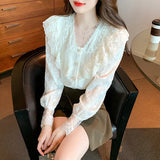 Weiyinxing Blouse Women Long Sleeve Ruffles V-Neck Lace Blouse Shirt Women Tops Blusas Mujer De Moda 2023 Blouses Shirts Blusa G230