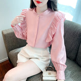 Weiyinxing Long Sleeve Blouse Women Blusas Mujer De Moda 2023 Ruffles Stand Collar Pink Blouse Shirt Women Tops Shirts Blusa G797