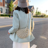 Weiyinxing Half Round Straw Bag for Women Summer Beach Rattan Shoulder Bag Zipper Woven Half Moon Crossbody Handbags Vacation Bag