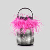 weiyinxing Ostrich Feather Diamonds Evening Bag Crystal Mesh Bucket Lady Handbags Luxury Rhinestone Shoulder Bag Party Small Purses