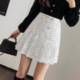 Weiyinxing Buttons Plaid Tweed Mini Skirts Women High Waist Vintage Plaid Woolen Skirt Pleated Shorts Skirt Zipper Harajuku M192