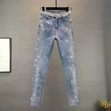 Weiyinxing Women Vintage Blue slim Diamonds Denim Jeans Spring Autumn Streetwear High Waisted Trousers Skinny Denim Pants 5XL