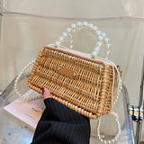 Weiyinxing Straw Bag For Women Small Woven Handmade Pearl Handbag Lady Tote Vacation Beach Bag Rattan Leisure Shoulder Bag Purse