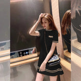 Weiyinxing Knitted Dress Spring Summer Women Loose Round Collar T-Shirt Dresses Chain Design Casual Short Sleeve Mini Dress P392