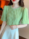 Weiyinxing Sleeve Blouse Women Blusas Mujer De Moda 2023 Verano Beading O-Neck Pink Chiffon Blouse Shirt Women Tops Blouses C449