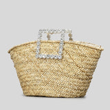 weiyinxing Diamonds Handle Rattan Handbags Wicker Woven Big Women Basket Bag Casual Summer Beach Straw Bags Large Bali Tote Purses