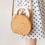 weiyinxing Round Rattan Women Handbags Wicker Woven Wooden Handle Shoulder Crossbody Bags Summer Beach Bag Small Straw Purses 2023