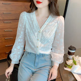 Weiyinxing Sleeve White Blouse Shirt Women Tops Blusas Mujer De Moda 2023 V-Neck Lace Blouse Women Shirts Blouses Blusa Camisas G383