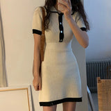 Weiyinxing Down Collar Knitted Dress Women Short Sleeve Mini Dress High Waist Dresses Korean Elegant Office Lady Bodycon Vestidos N324